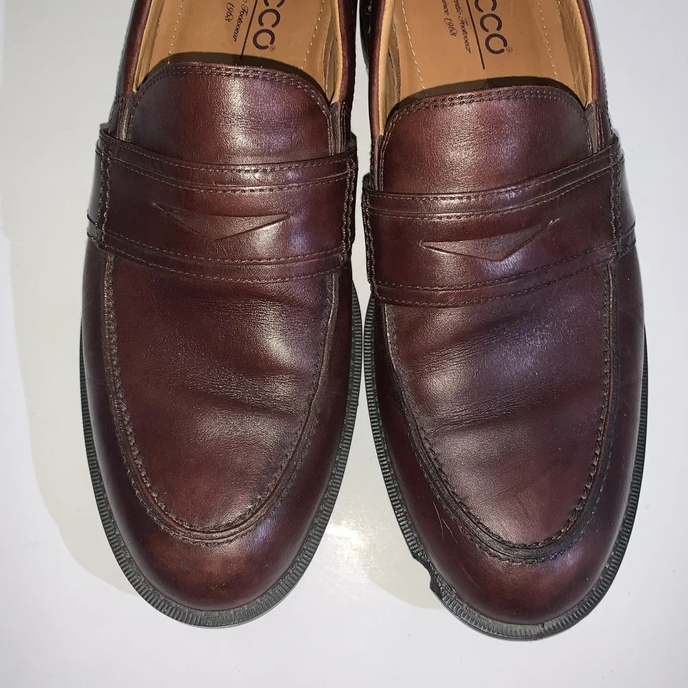 ECCO Penny Loafers Shoes Mens Size 9-9.5 EU 43 Brown Leather Slip On Dress 43663